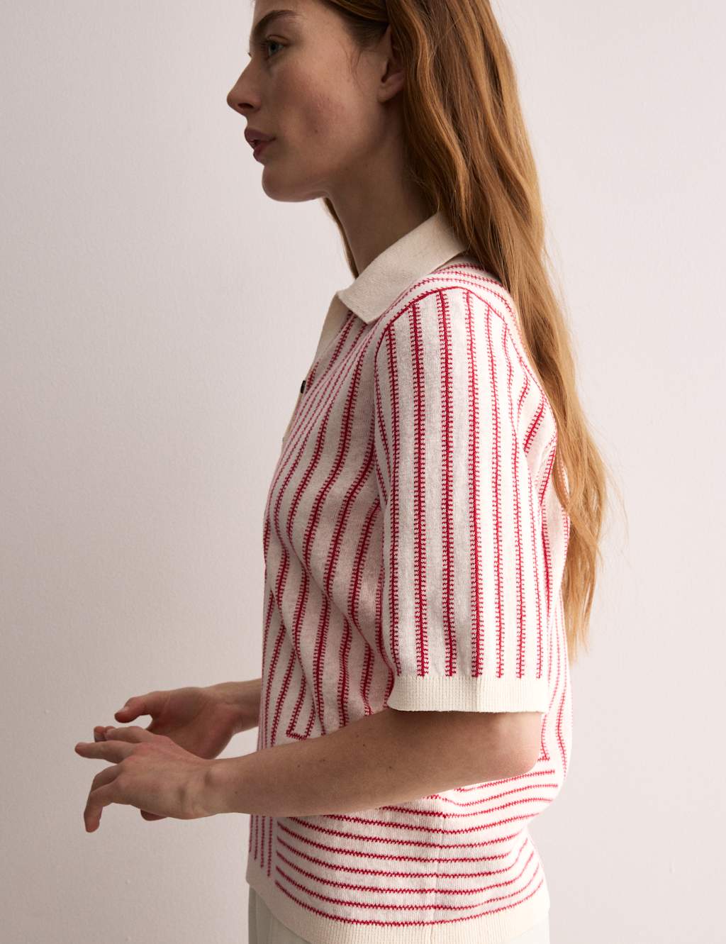 Linen Rich Striped Polo Neck Knitted Top 7 of 8