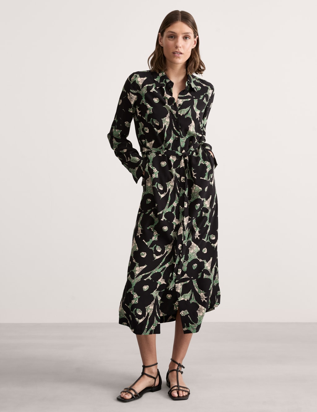 Floral Tie Waist Midi Shirt Dress