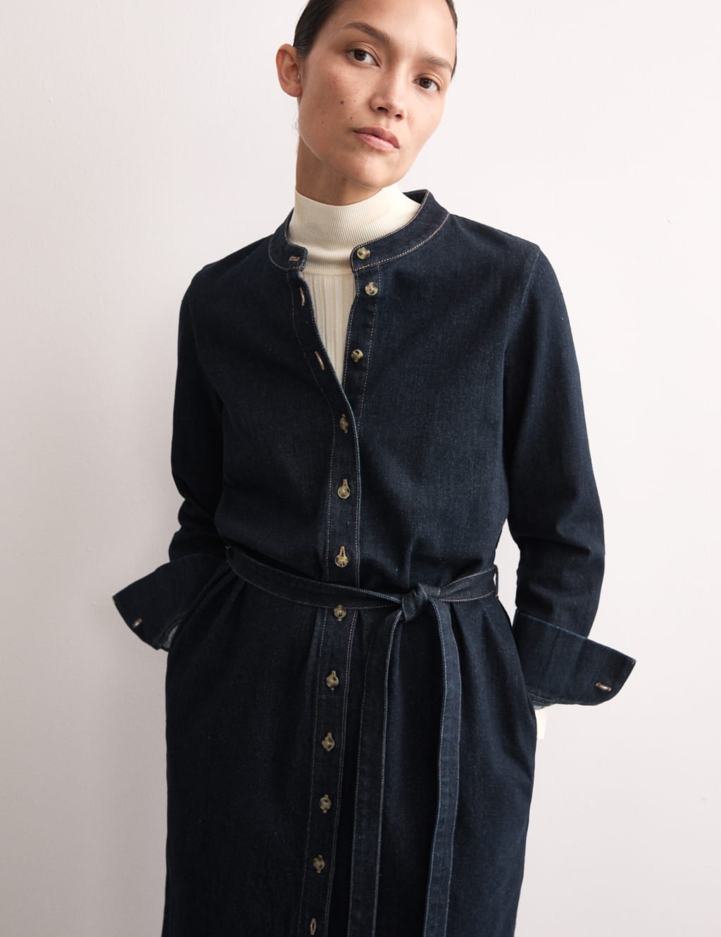 Denim Belted Midi Shirt Dress