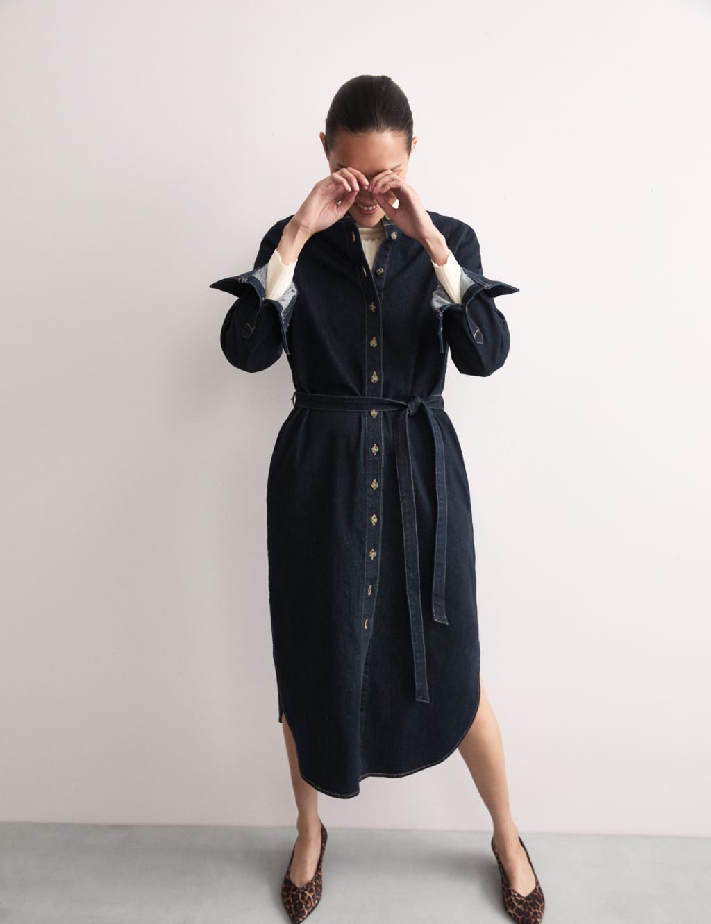 Denim Belted Midi Shirt Dress
