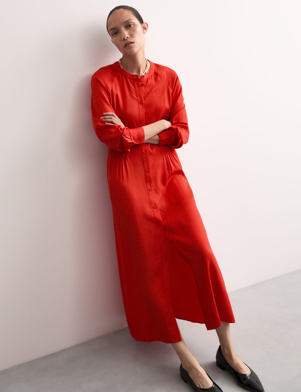 Collarless Button Through Midi Shirt Dress