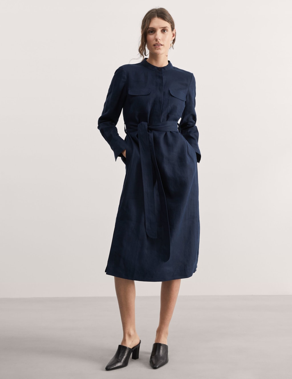 Pure Linen Belted Midi Column Dress 2 of 4