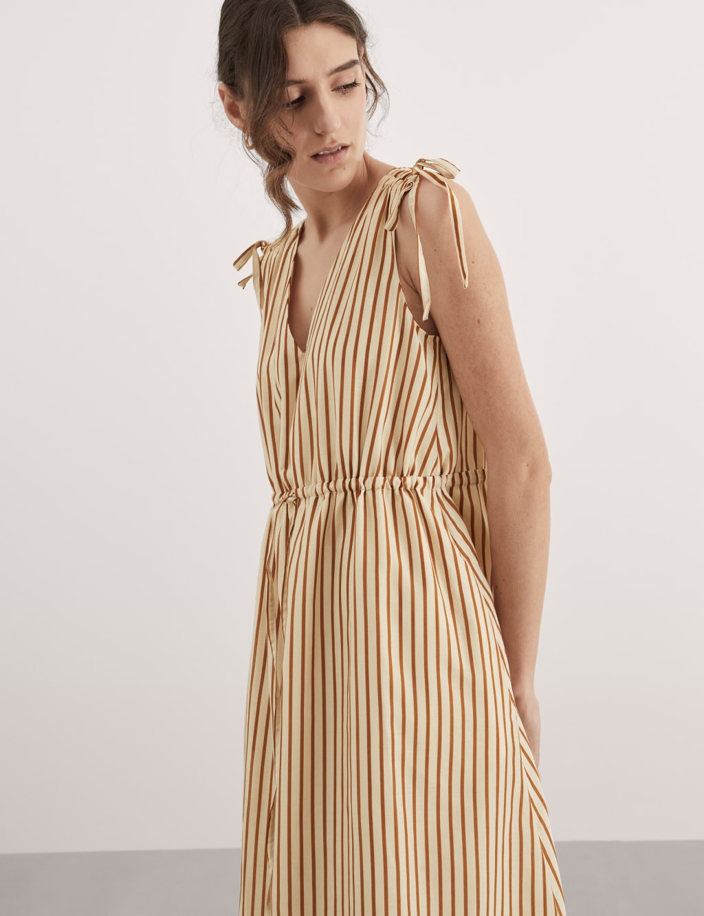 Silk Blend Striped V Neck Midi Column Dress