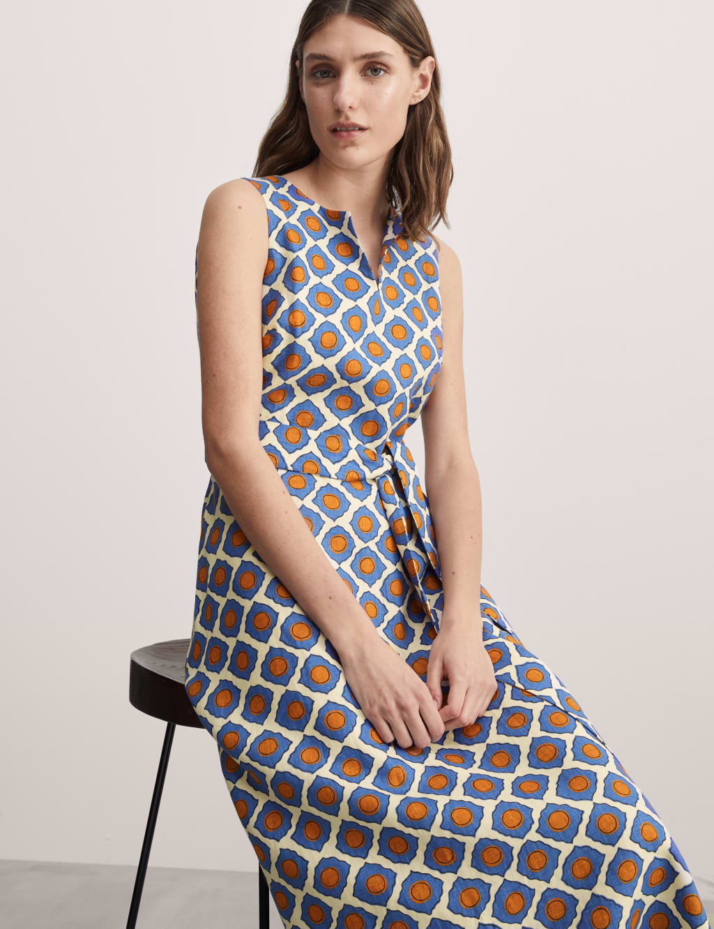 Pure Linen Geometric Midi Skater Dress 1 of 5