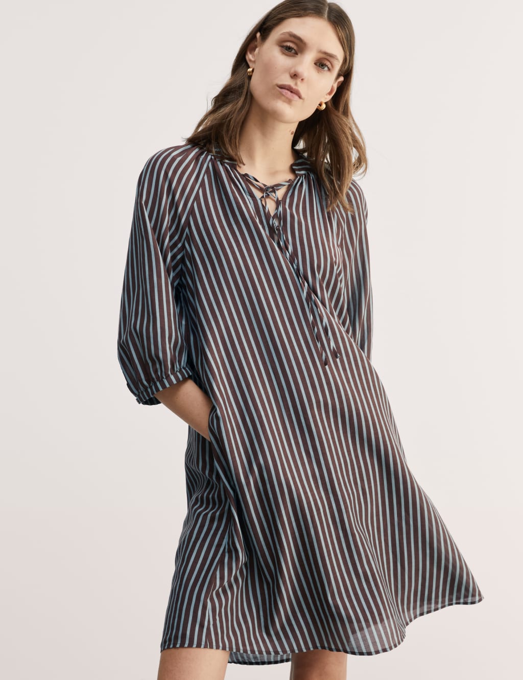 Silk Blend Striped Tie Neck Mini Shift Dress JAEGER M S