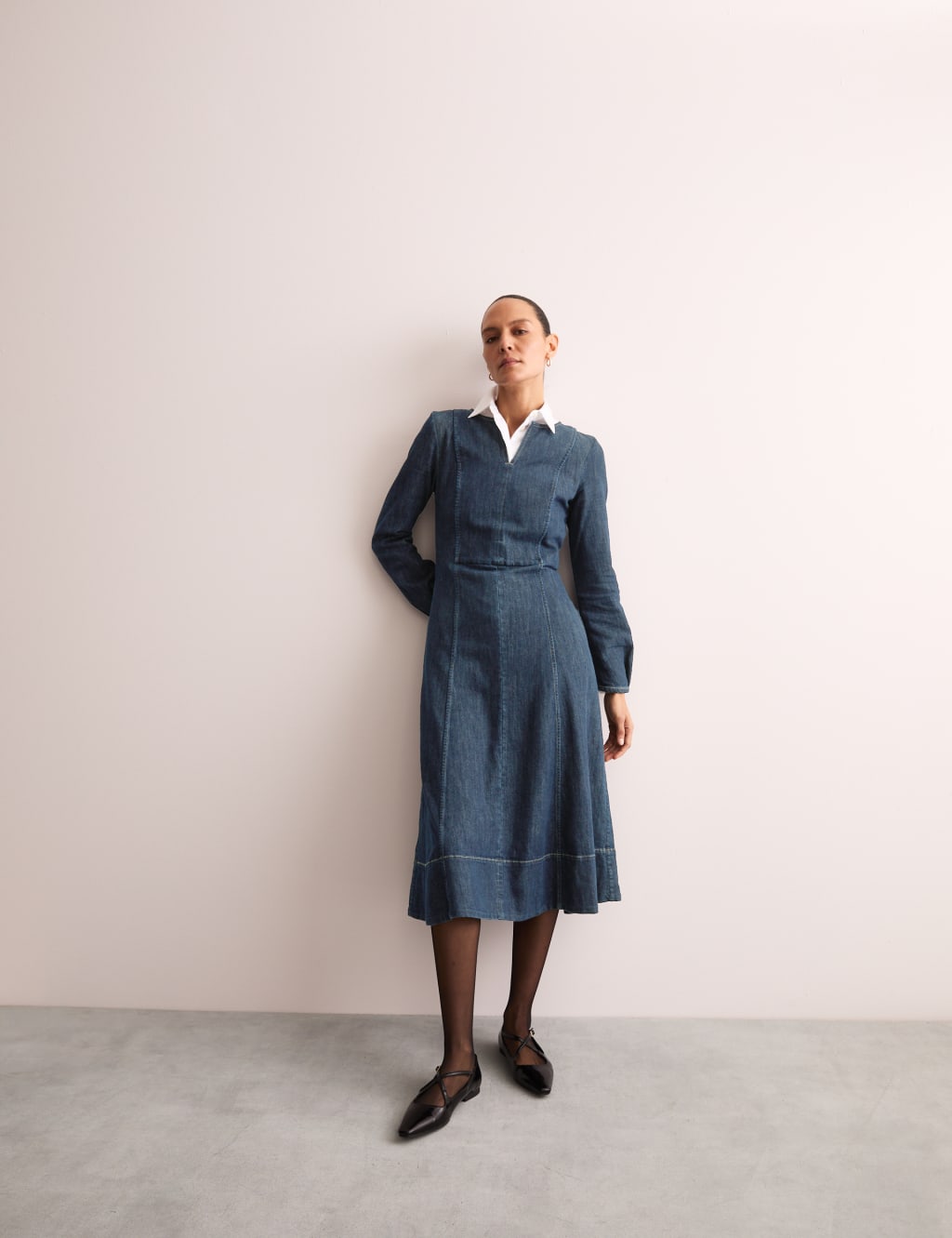 Denim Midi Fit and Flare Dress 3 of 7