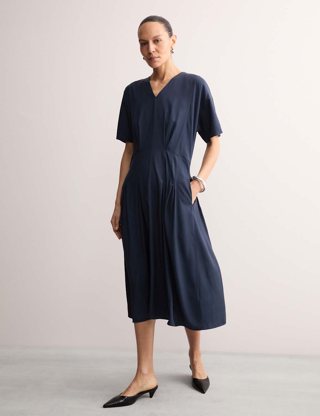 V-Neck Pintuck Midi Waisted Dress 3 of 7