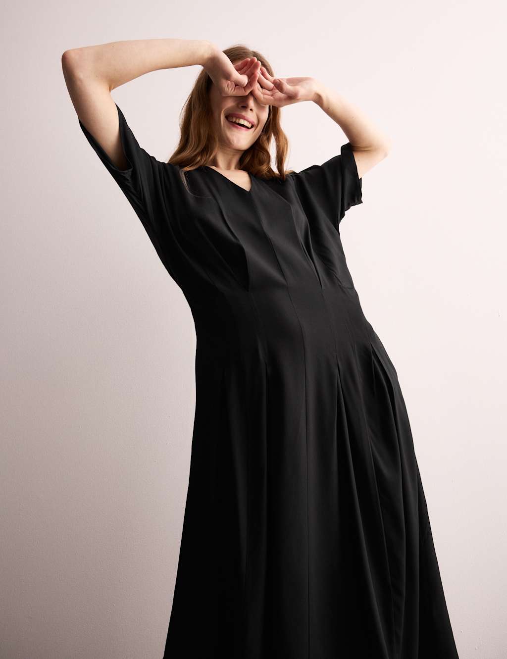 V-Neck Pintuck Midi Waisted Dress 5 of 6