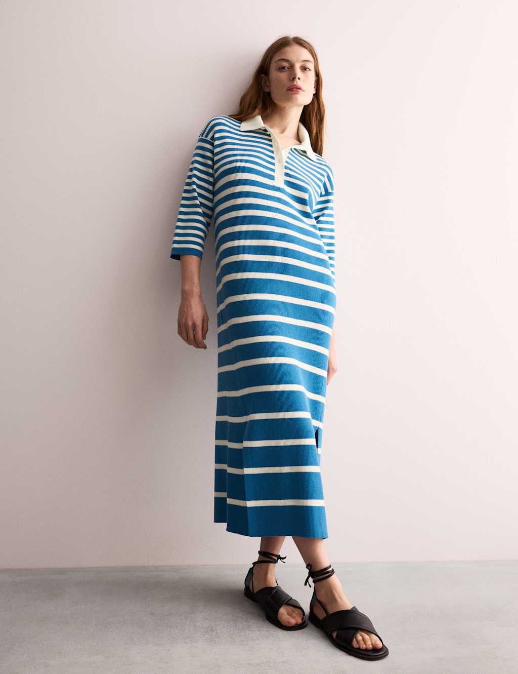 Merino Wool Rich Striped Midi Knitted Dress 2 of 6
