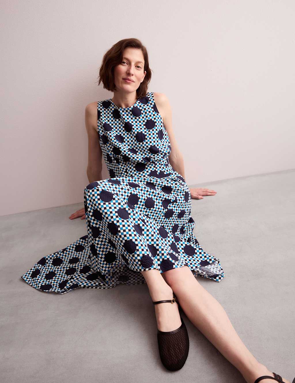 Cotton Blend Gingham Spot Print Midi Dress 3 of 9