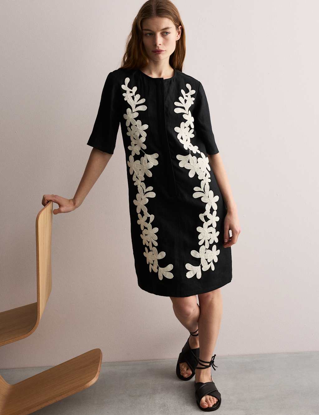 Pure Linen Embroidered Mini Shift Dress 4 of 7
