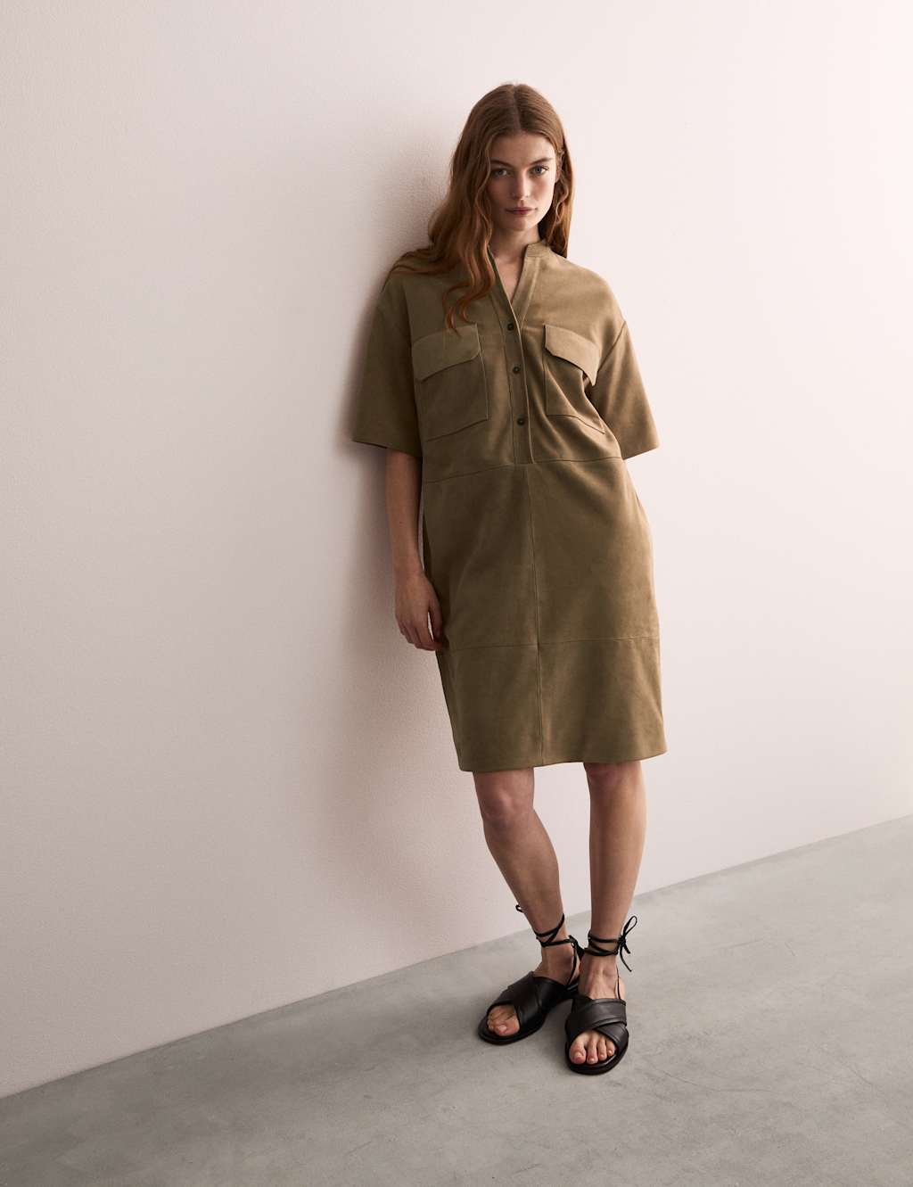 Leather Button Front Knee Length Shift Dress 3 of 7
