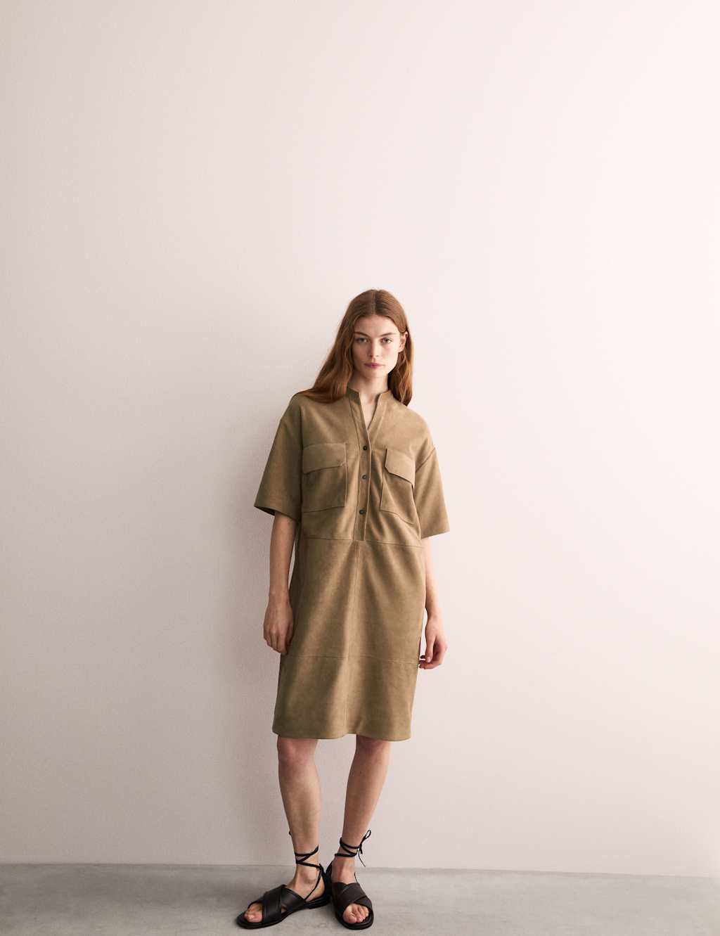 Leather Button Front Knee Length Shift Dress 5 of 7