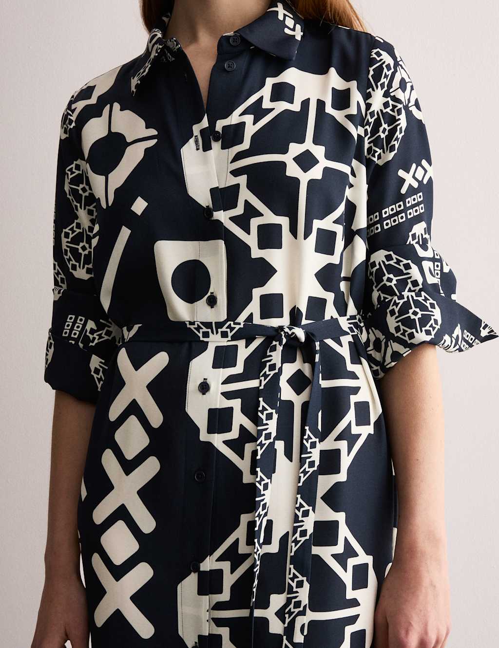 Geometric Collared Belted Midi Shirt Dress 6 of 8