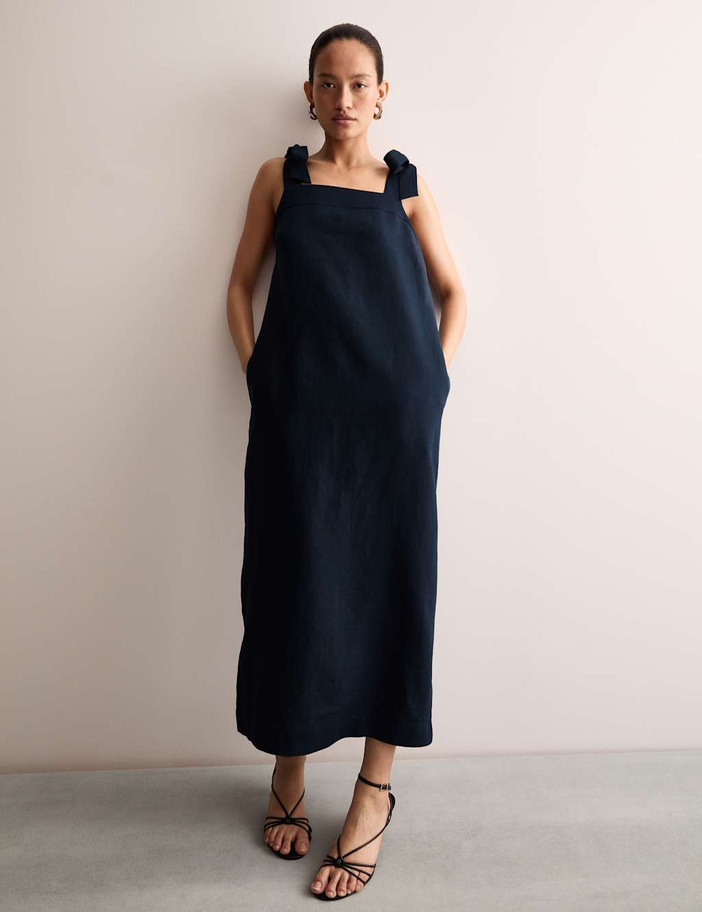Pure Linen Square Neck Tie Strap Midi Slip Dress 4 of 6