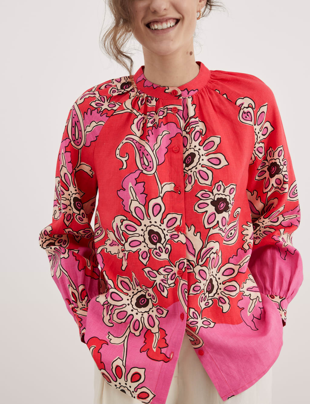 Pure Linen Paisley Crew Neck Relaxed Top 1 of 7