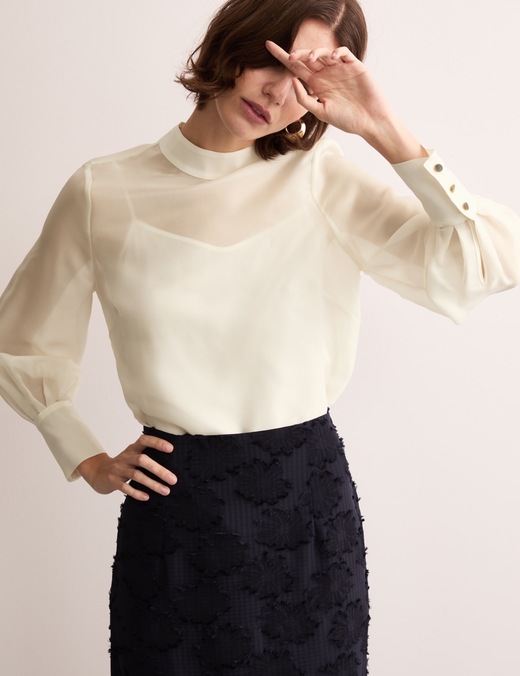 Pure Silk Organza Funnel Neck Blouse