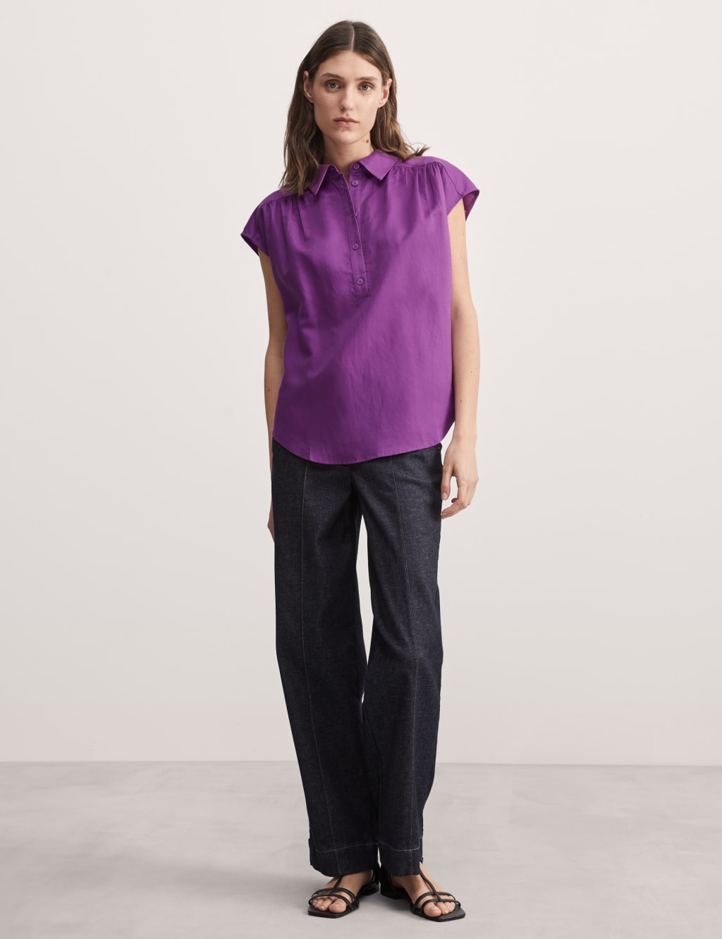 Linen Rich Collared Cap Sleeve Top 1 of 6