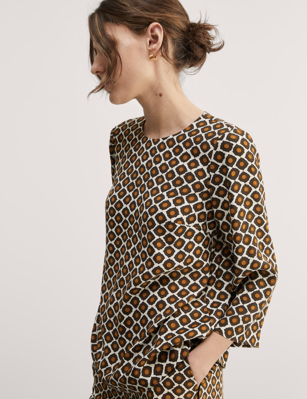 Geometric Crew Neck Button Detail Top 1 of 6