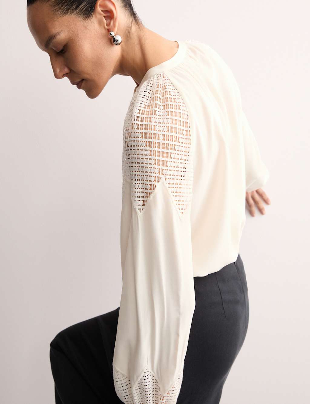 Lace Insert Collarless Button Through Blouse 1 of 5