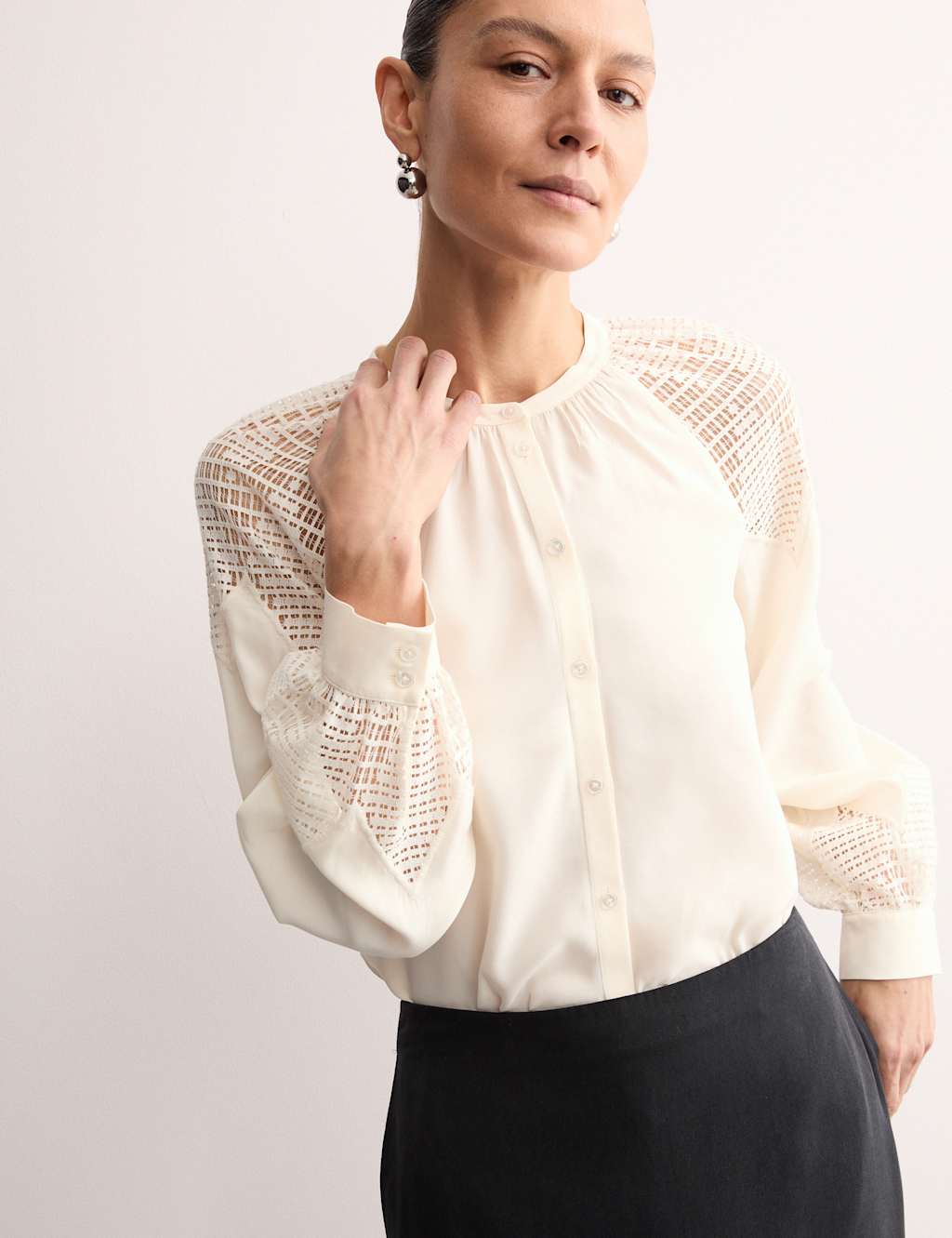 Lace Insert Collarless Button Through Blouse 3 of 5