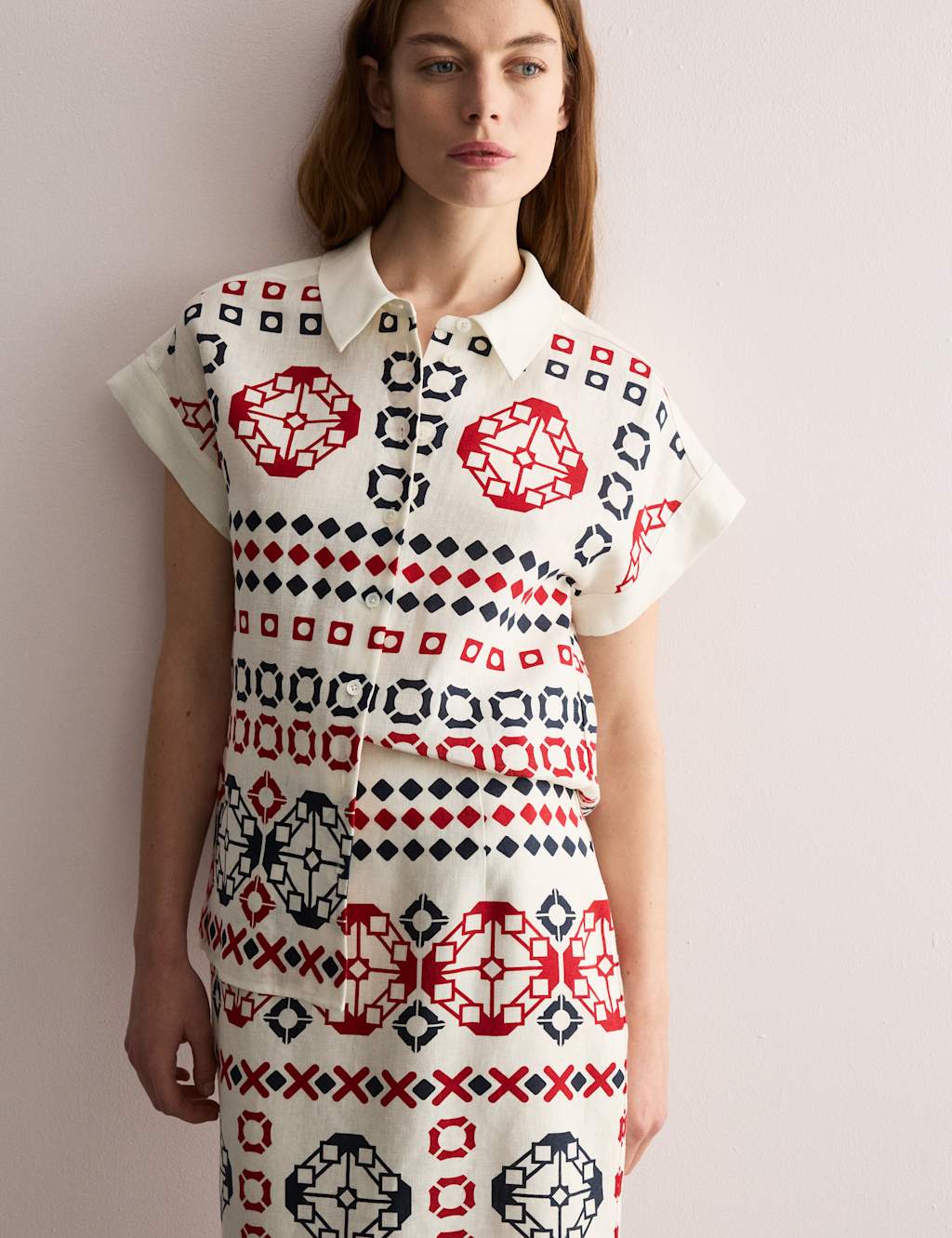 Pure Linen Printed Collared Cap Sleeve Top 5 of 8
