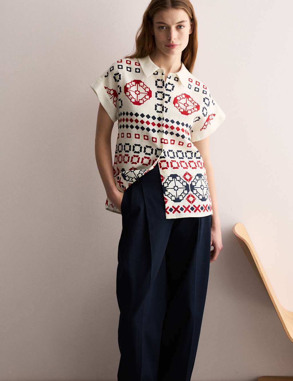 Pure Linen Printed Collared Cap Sleeve Top 7 of 8