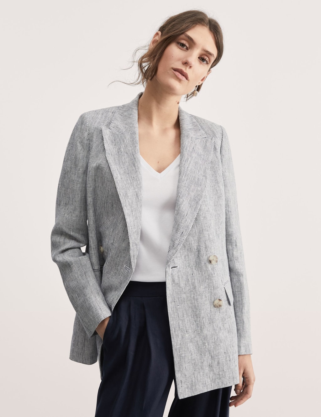 Pure Linen Striped Double Breasted Blazer 2 of 6