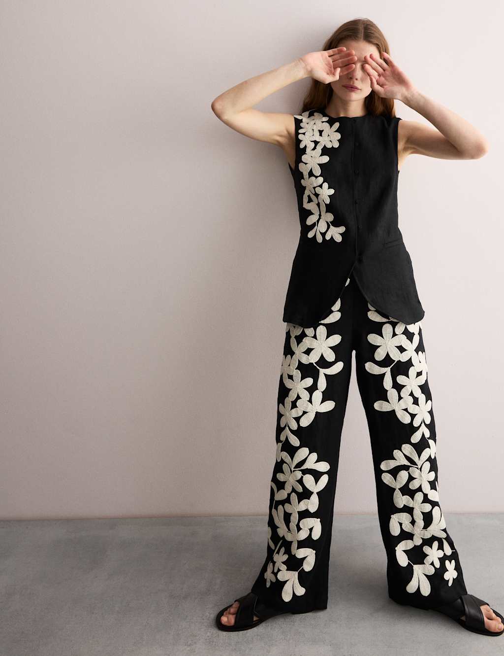 Pure Linen Floral Embroidered Waistcoat 1 of 7