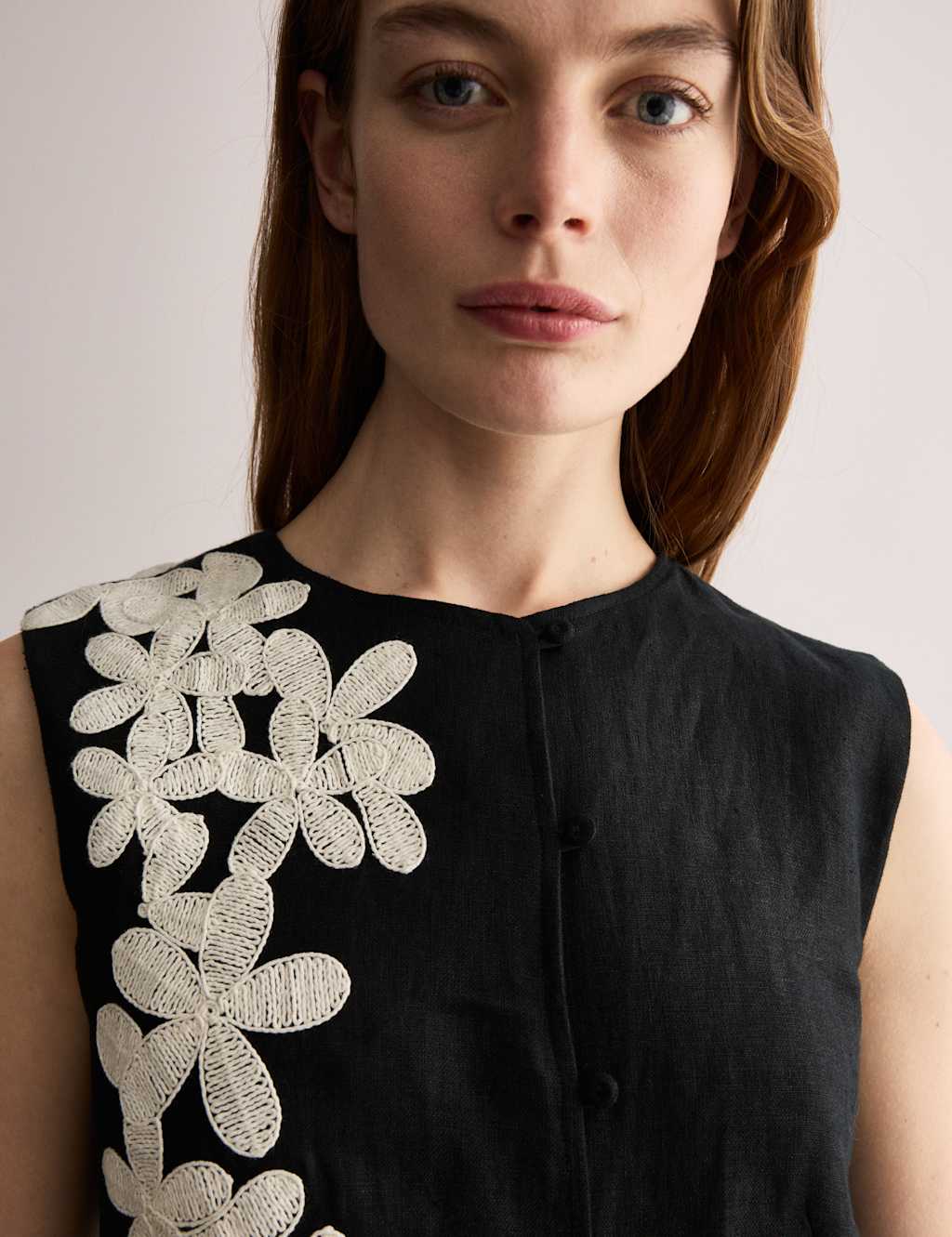 Pure Linen Floral Embroidered Waistcoat 3 of 7