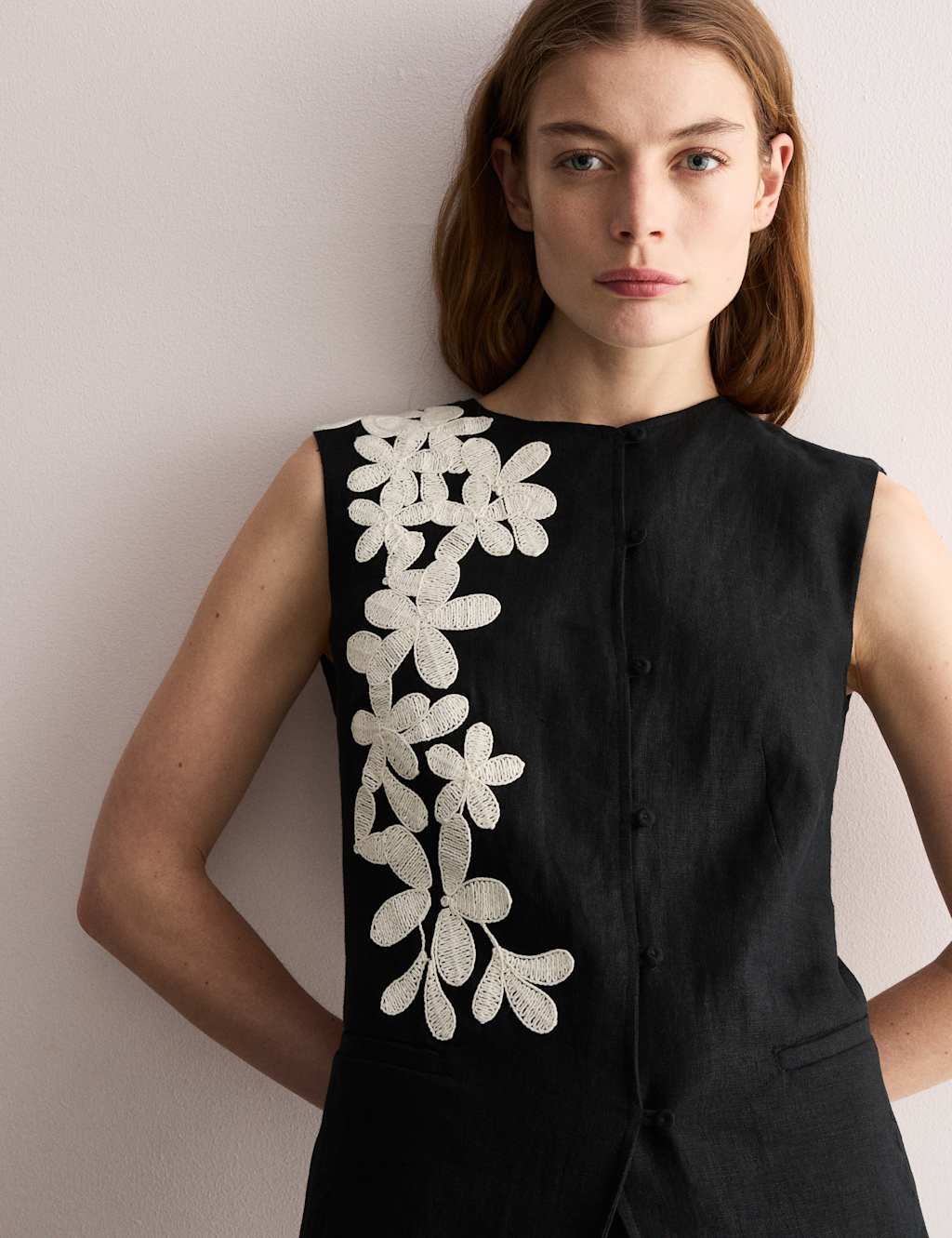 Pure Linen Floral Embroidered Waistcoat 4 of 7