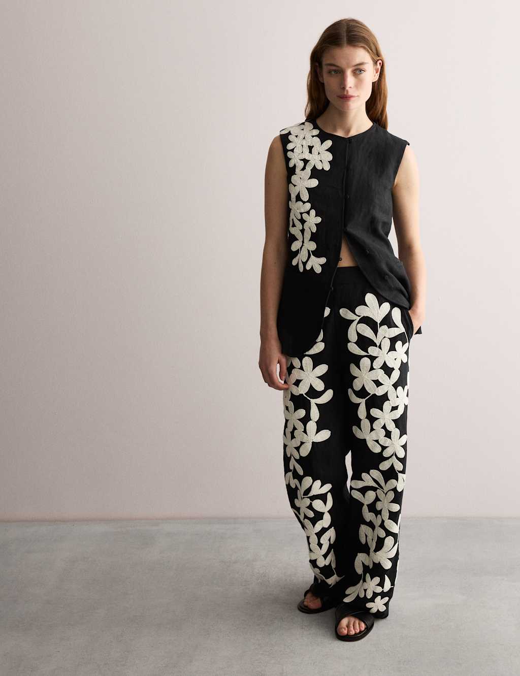 Pure Linen Floral Embroidered Waistcoat 5 of 7