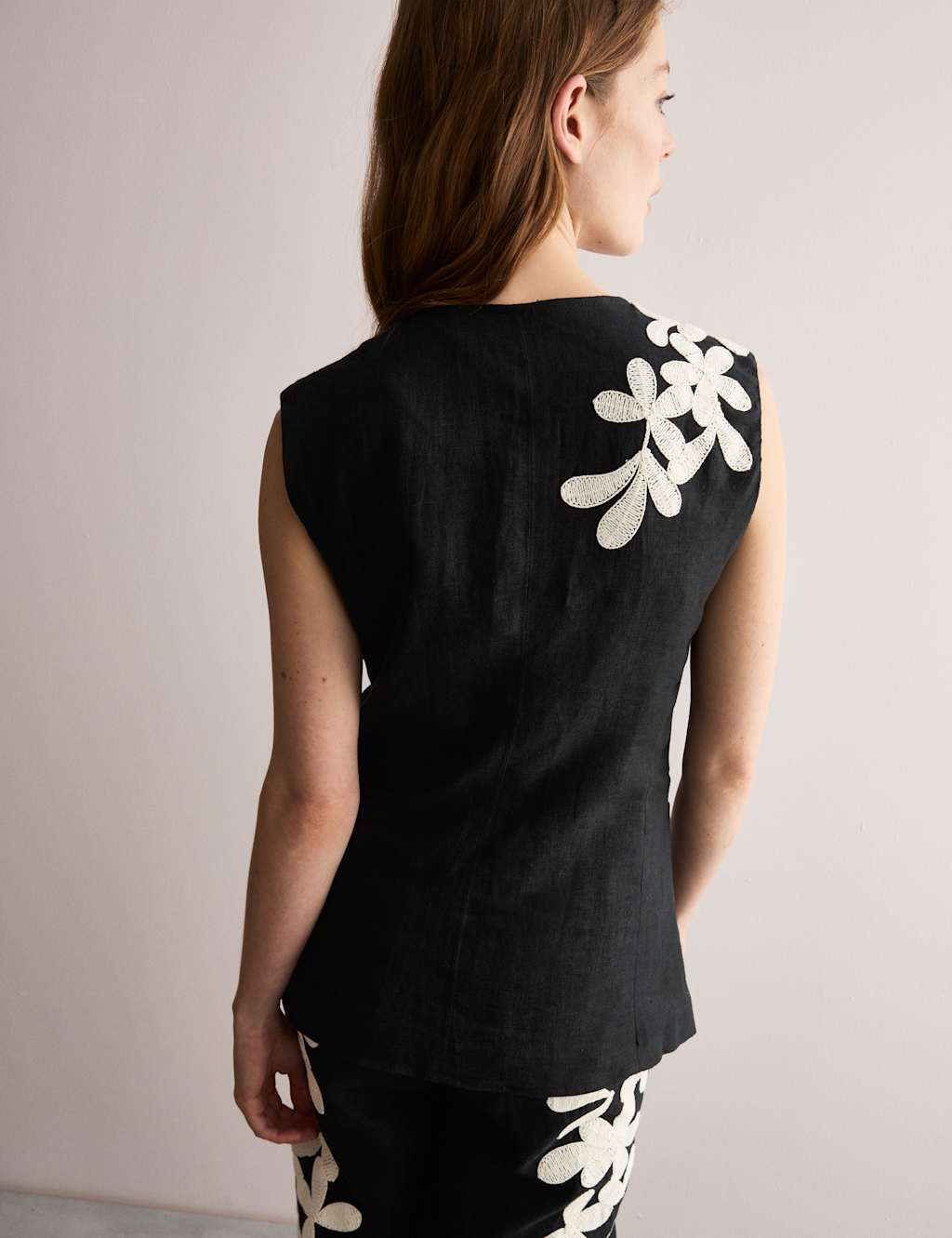 Pure Linen Floral Embroidered Waistcoat 6 of 7