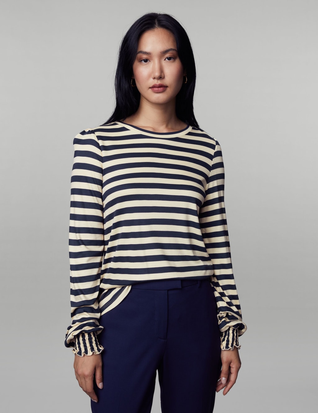 Jersey Striped Shirred Blouson Sleeve Top 1 of 7
