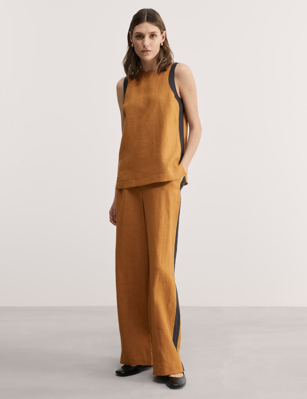 Pure Linen Side Stripe Wide Leg Trousers 1 of 7