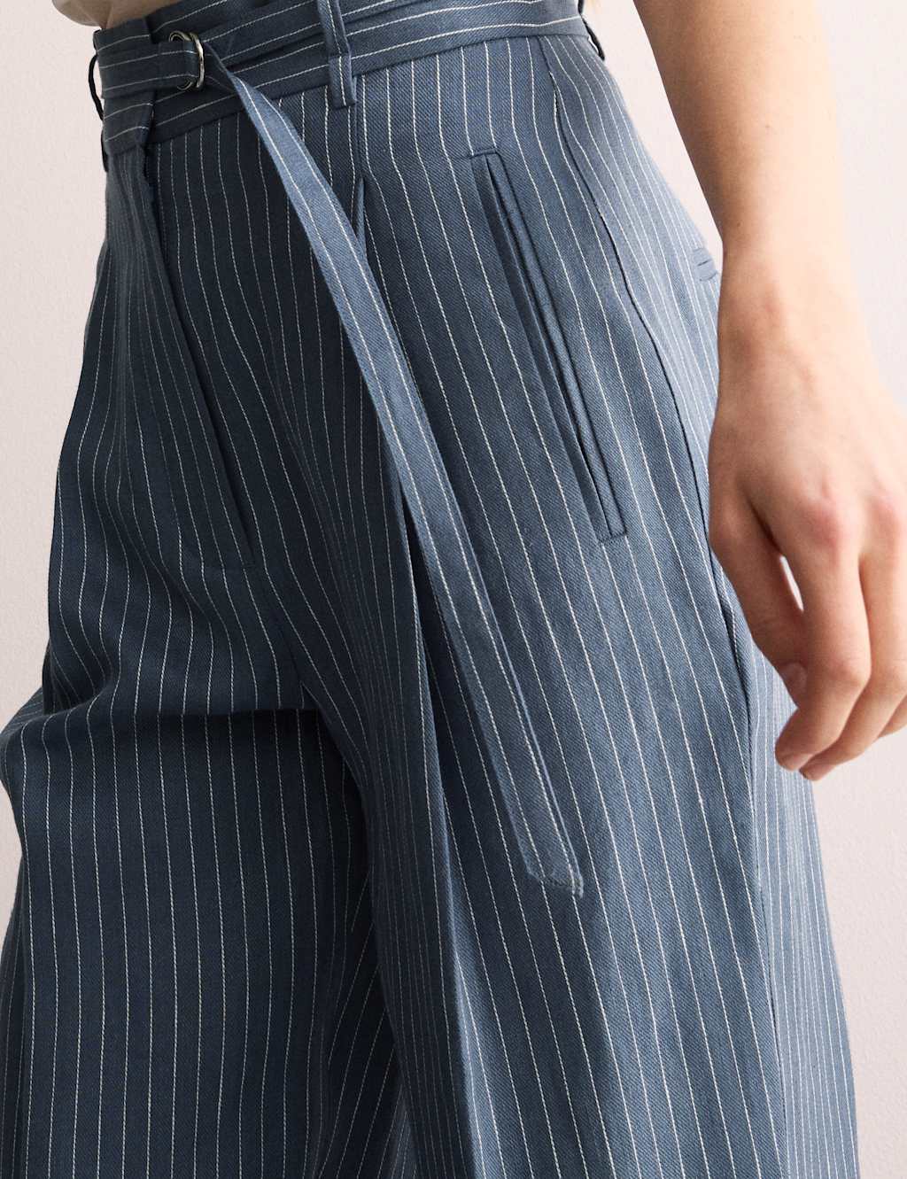 Pure Linen Pinstripe Belted Tapered Trousers 3 of 9