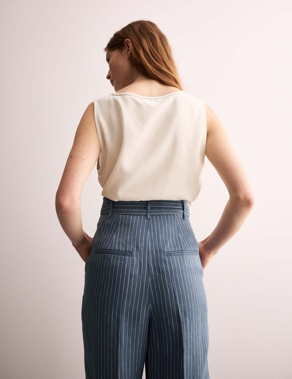 Pure Linen Pinstripe Belted Tapered Trousers 5 of 9