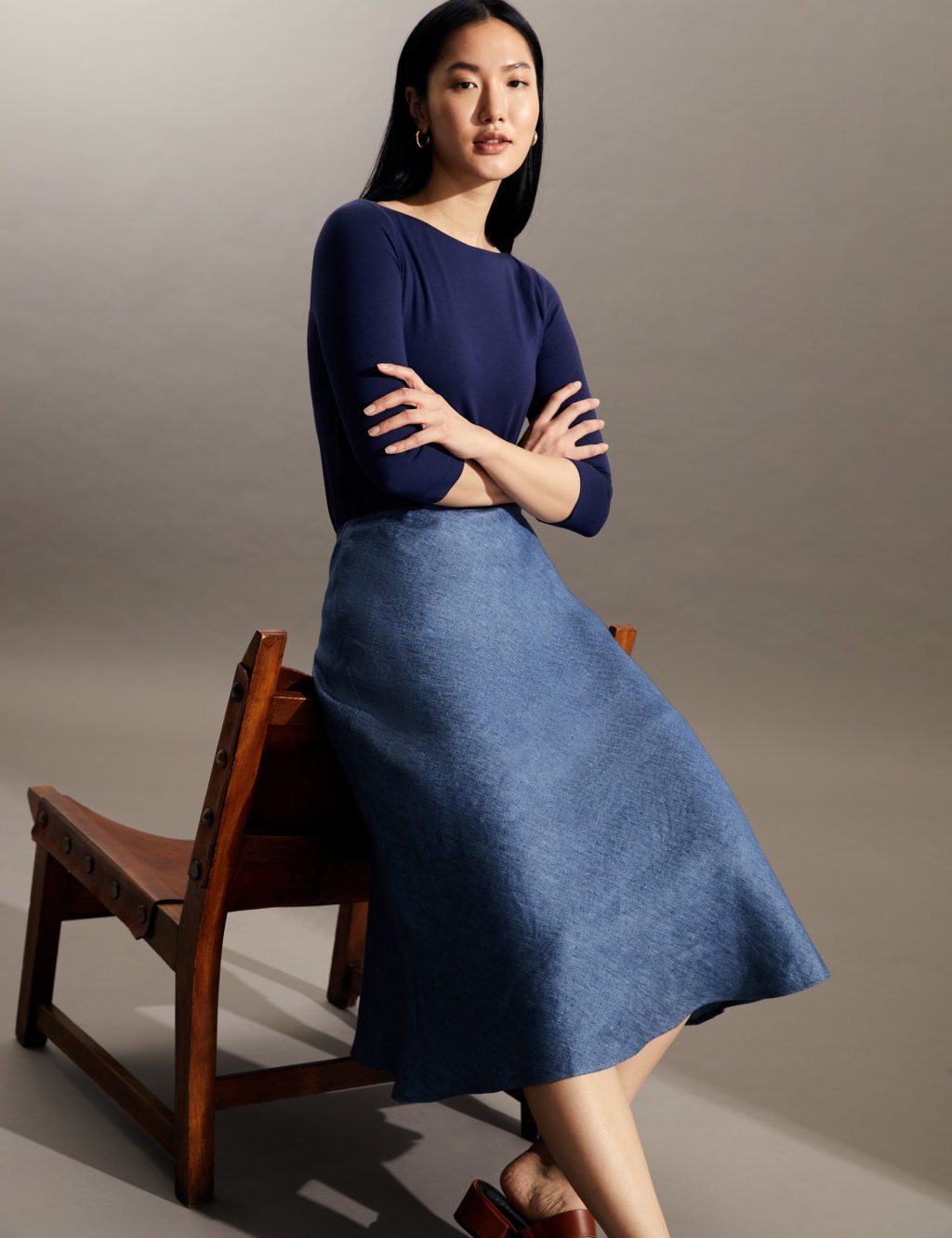 Pure Linen Midi Skater Skirt JAEGER M S