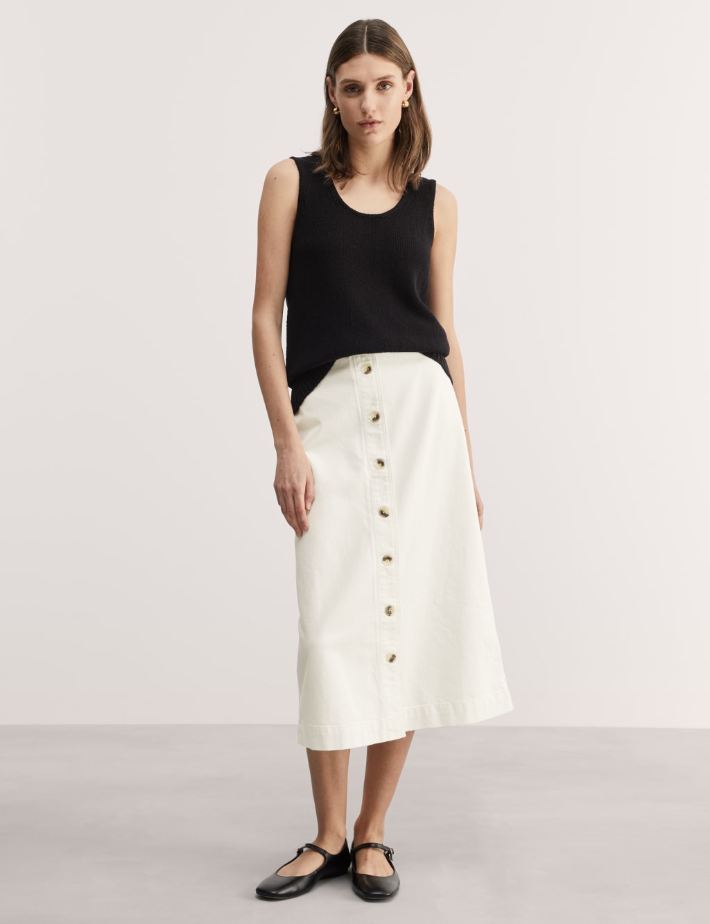 Denim Button Front Midi A Line Skirt JAEGER M S
