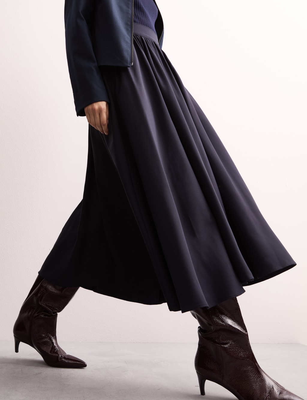 Pleated Twill Midi A-Line Skirt 3 of 7