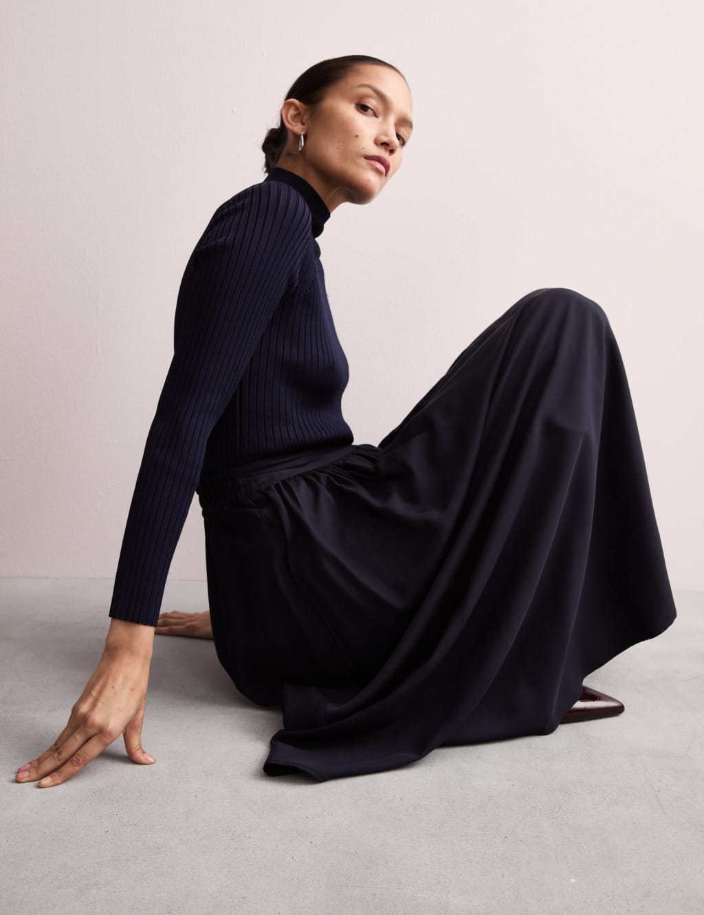 Pleated Twill Midi A-Line Skirt 6 of 7