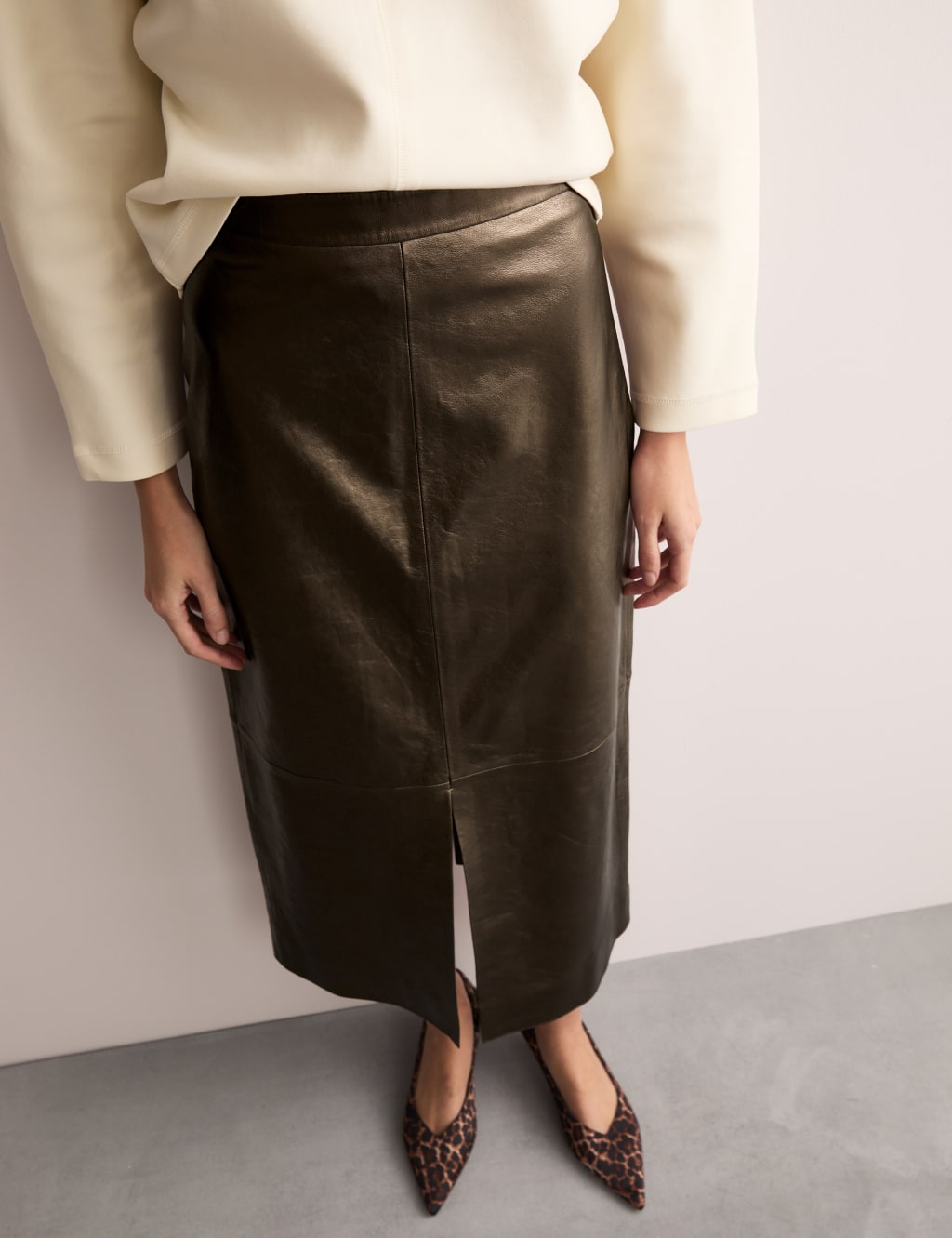 Metallic Leather Midi Column Skirt JAEGER M S