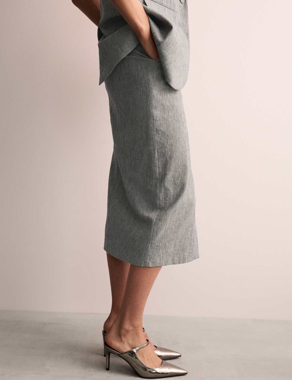 Cotton Rich Midi Tailored Skirt with Linen 3 of 6