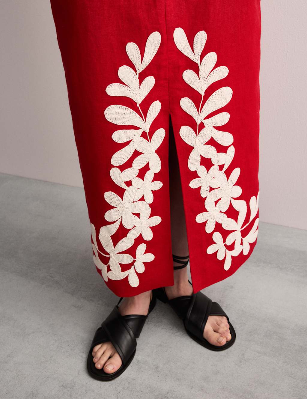 Pure Linen Embroidered Midi Column Skirt 4 of 6