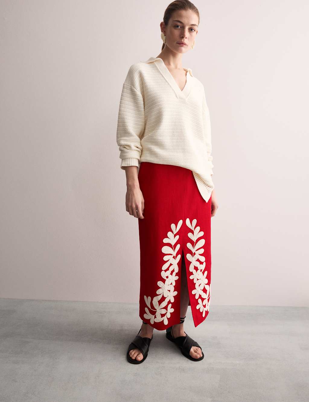 Pure Linen Embroidered Midi Column Skirt 5 of 6