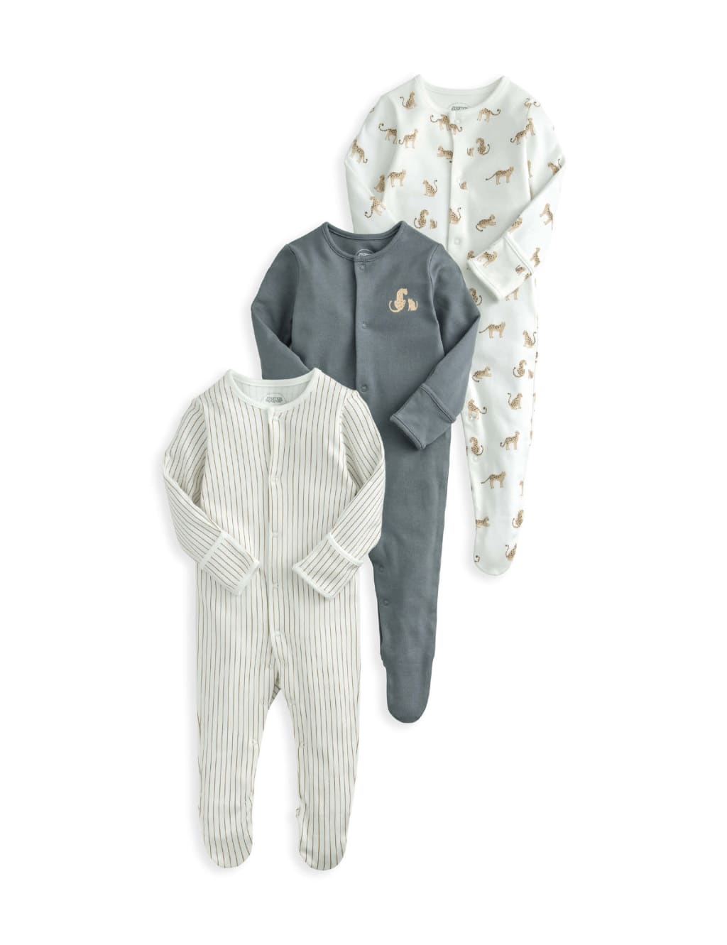 3pk Pure Cotton Leopard & Stripe Sleepsuits (0-24 Mths) 2 of 2