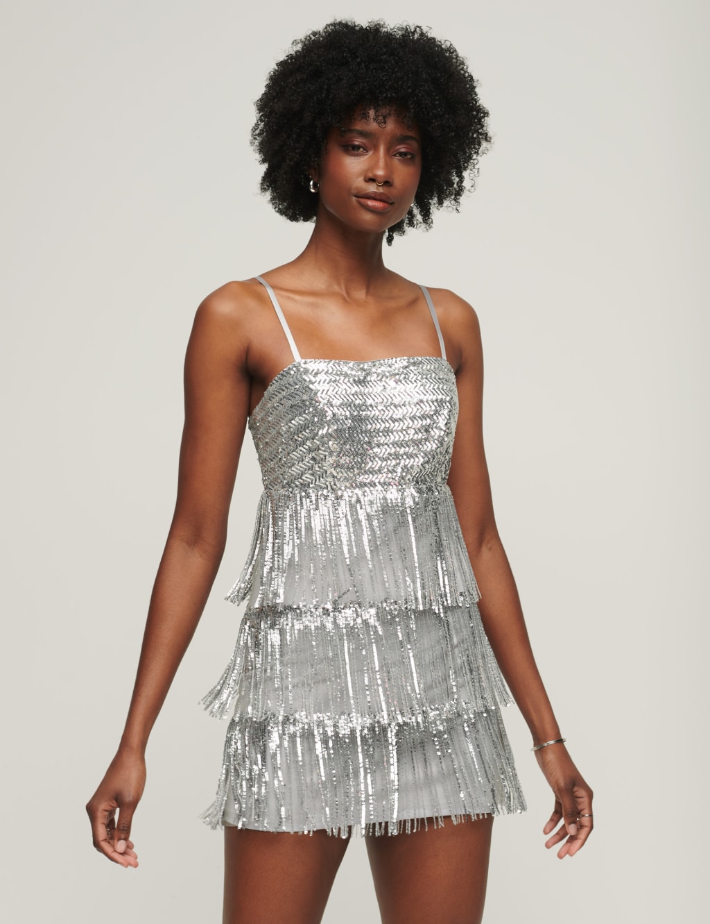 Sequin Square Neck Mini Tiered Dress 3 of 6