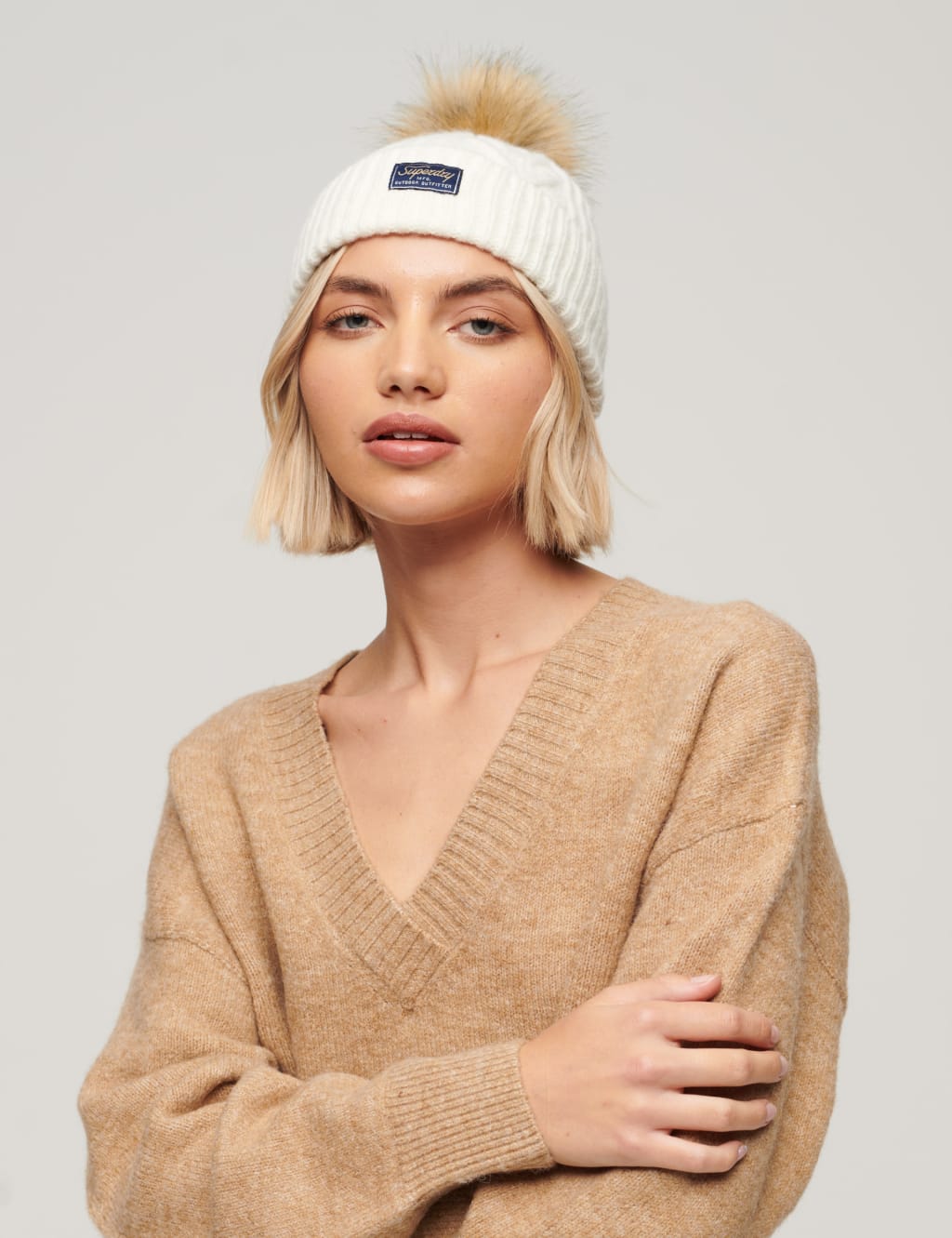 Knitted Cable Faux Fur Pom Beanie Hat 2 of 3