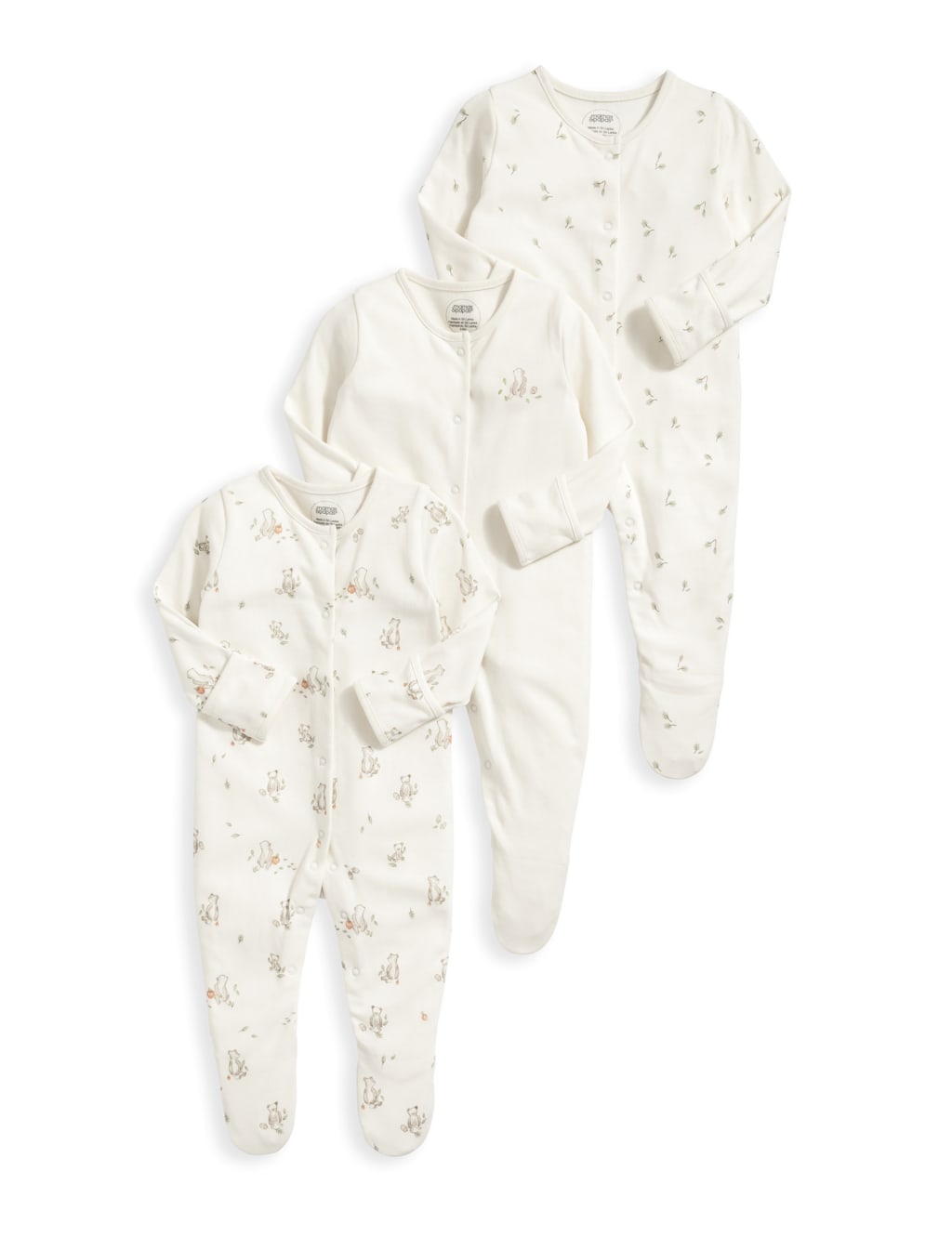 3pk Pure Cotton Bear & Leaf Sleepsuits (7lbs-2 Yrs) 2 of 2