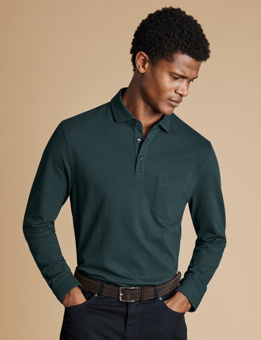 Cotton Rich Pique Long Sleeve Polo Shirt 1 of 6